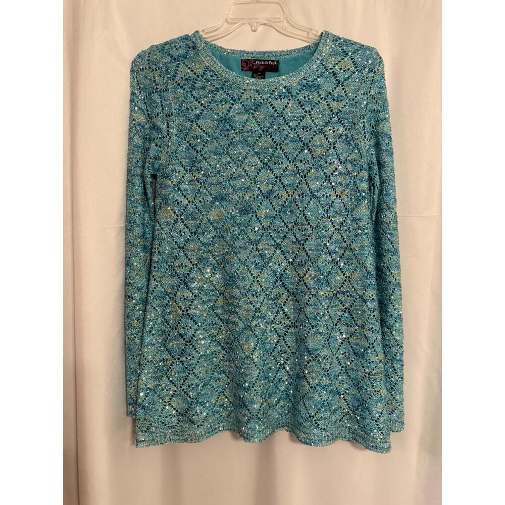 Peck & Peck long sleeve  lined, crocheted sweater, sequined, slit back‎